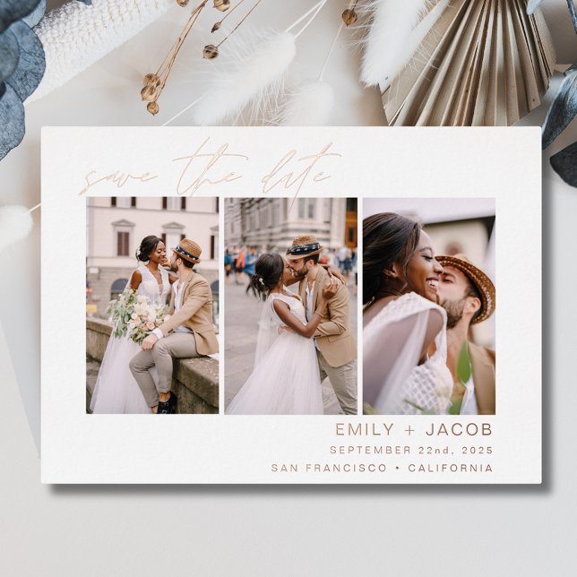 Elegant Save the Date 3 Photo Minimalist Rose Gold (Creator Uploaded)