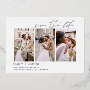 Elegant Save the Date 3 Photo Minimalist Silver