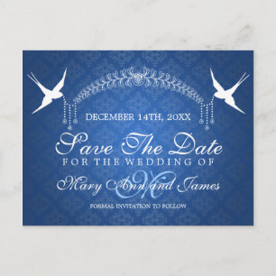 Elegant Save The Date Birds Monogram Blue Announcement Postcard