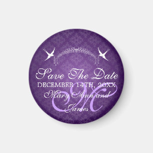 Elegant Save The Date Birds Monogram Purple Magnet