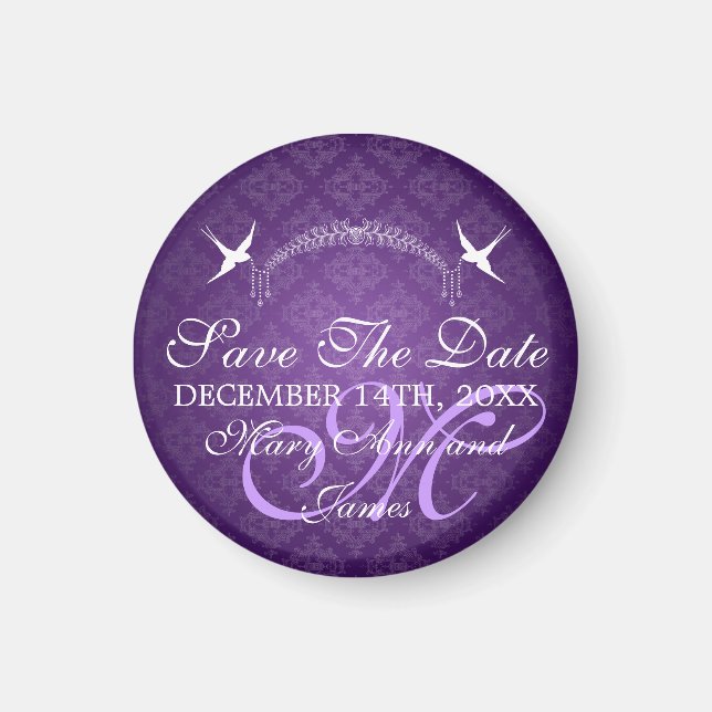 Elegant Save The Date Birds Monogram Purple Magnet (Front)