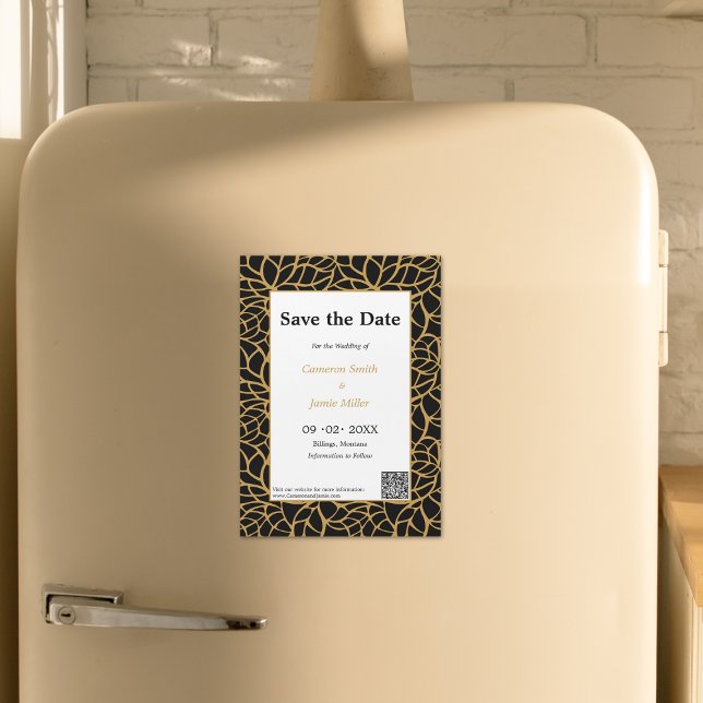 Elegant Save The Date Black & Gold Foliage Outline Magnetic Invitation (Elegant Save The Date Black & Gold Foliage Outline Magnetic Invitation)