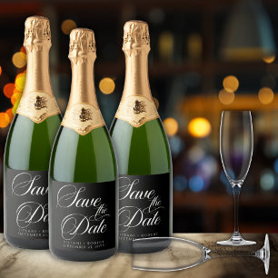 Elegant Save the Date Black White Script Sparkling Wine Label