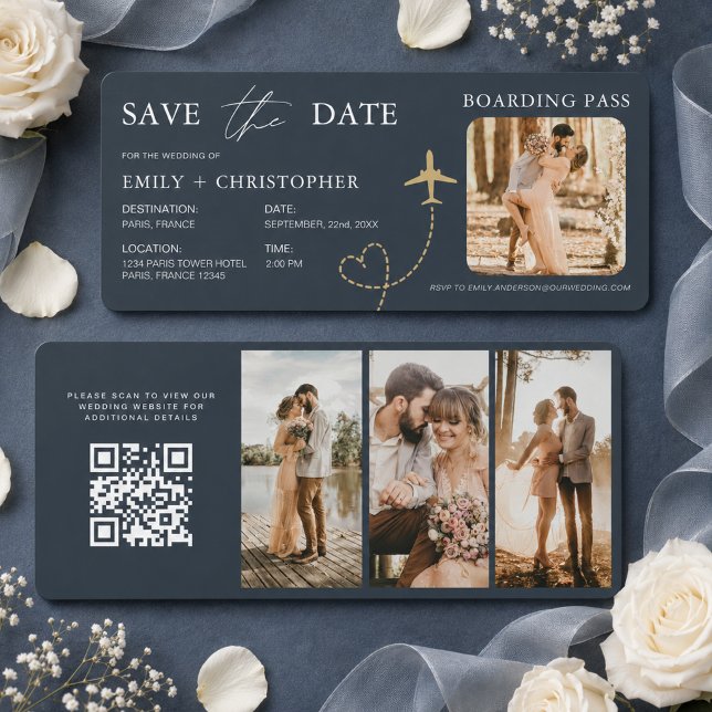 Elegant Save the Date Boarding Pass Plane QR Code  (Creator Uploaded)
