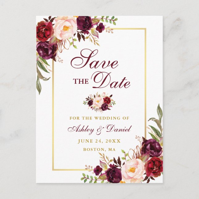 Elegant Save the Date Burgundy Floral Gold Announcement Postcard (Front)