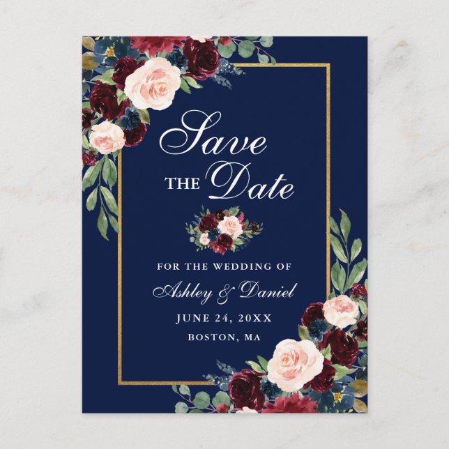 Elegant Save the Date Burgundy Floral Gold Blue Announcement Postcard (Front)