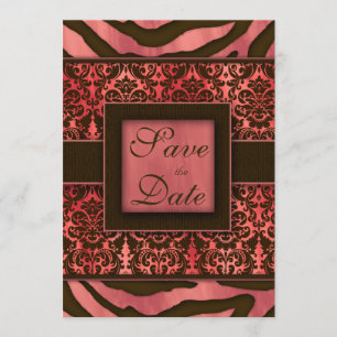 Elegant Save the Date Card Zebra Damask Coral