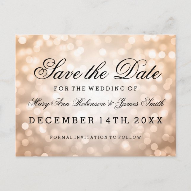 Elegant Save The Date Copper Glitter Lights Announcement Postcard (Front)