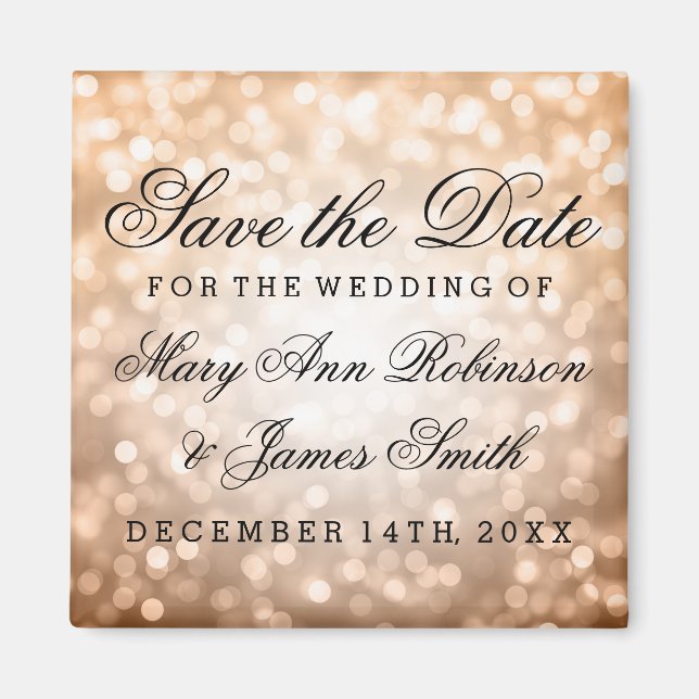 Elegant Save The Date Copper Glitter Lights Magnet (Front)