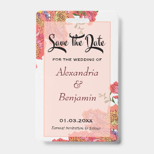 Elegant Save The Date Coral Flower Watercolor ID Badge