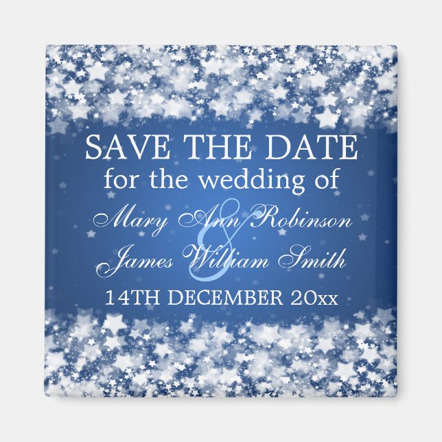 Elegant Save The Date Dazzling Stars Blue Magnet (Front)