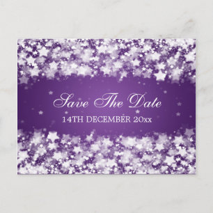 Elegant Save The Date Dazzling Stars Purple Announcement Postcard