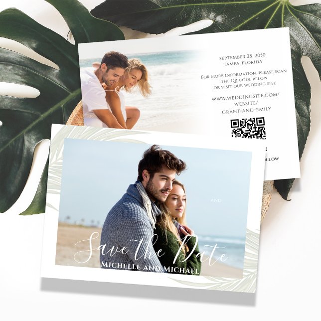 Elegant Save the Date Destination Wedding Palms (Elegant green palm leaves photo save the date card. With a scannable QR Code. )