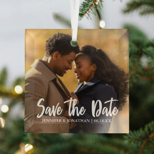 Elegant Save the Date Engagement Photo Christmas Glass Tree Decoration