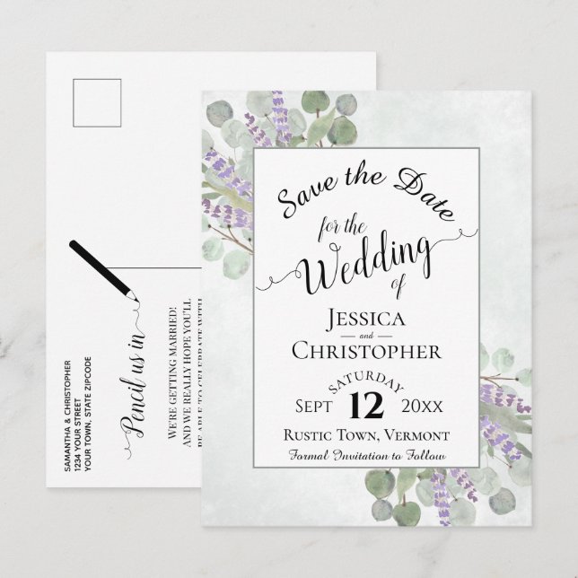 Elegant Save the Date Eucalyptus & Lavender White Announcement Postcard (Front/Back)