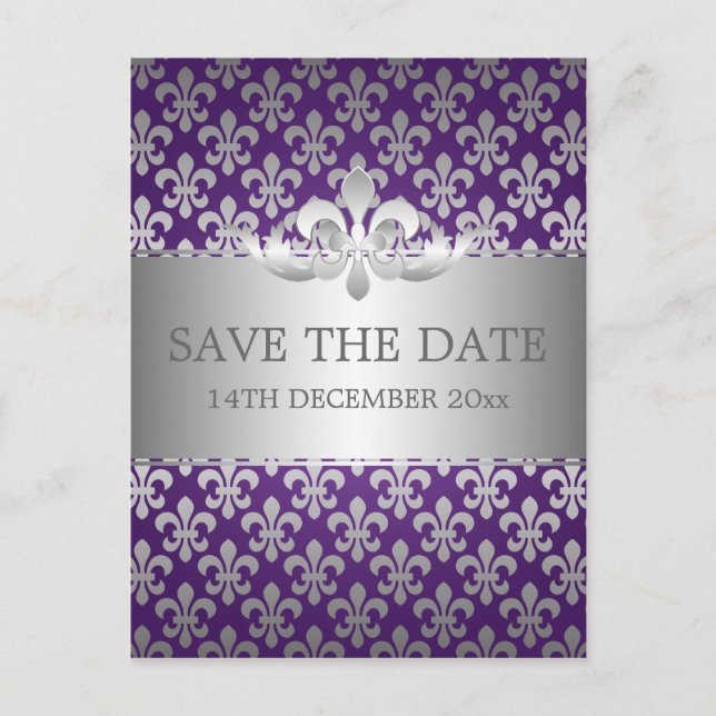 Elegant Save The Date Fleur De Lis Purple Announcement Postcard (Front)