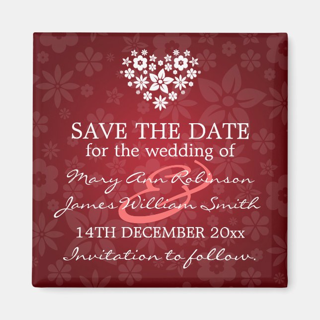Elegant Save The Date Flowery Heart Red Magnet (Front)