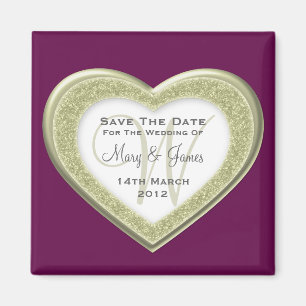 Elegant Save The Date Glitter Heart Gold Purple Magnet