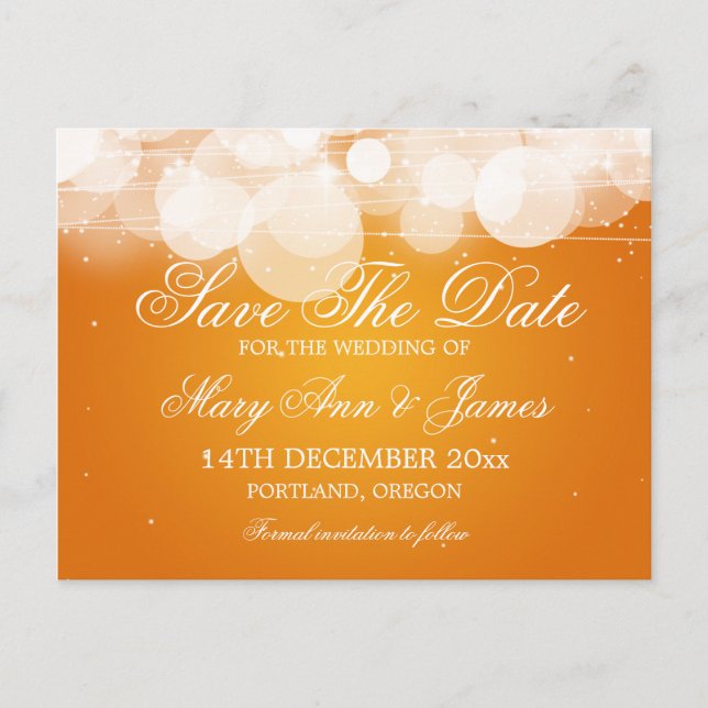 Elegant Save The Date Glow & Sparkle Orange Announcement Postcard (Front)