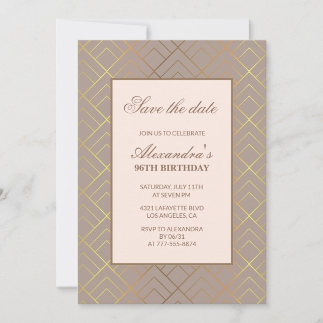 Elegant Save the date Gold Brown 96th birthday Invitation (Front)