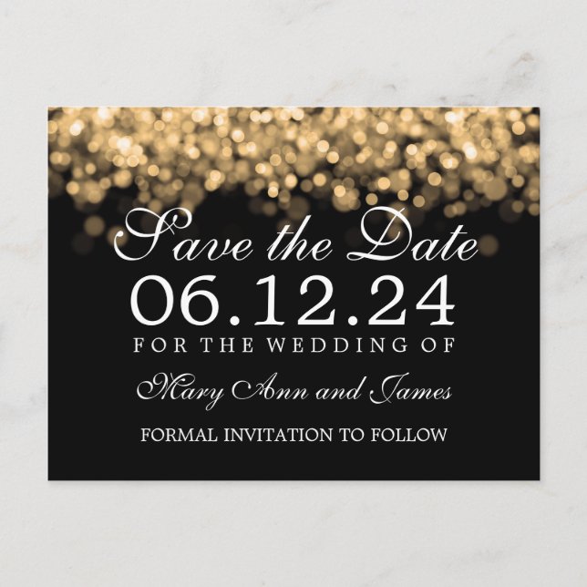Elegant Save The Date Gold Lights Announcement Postcard (Front)