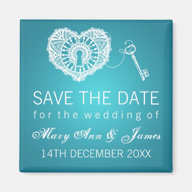 Elegant Save The Date Key To My Heart Turquoise Magnet (Front)