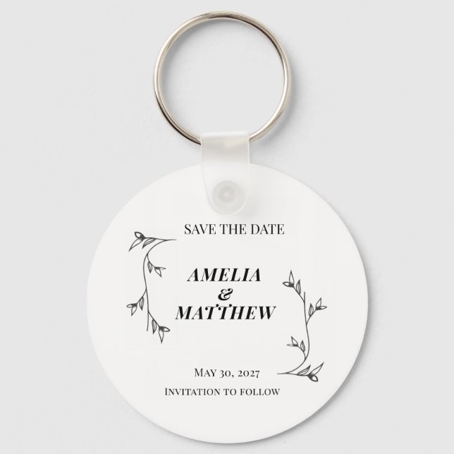 Elegant Save the Date Keychain, Minimalist Key Ring (Front)
