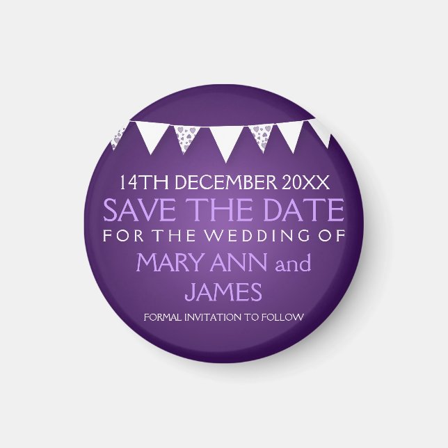 Elegant Save The Date Love Bunting Purple Magnet (Front)