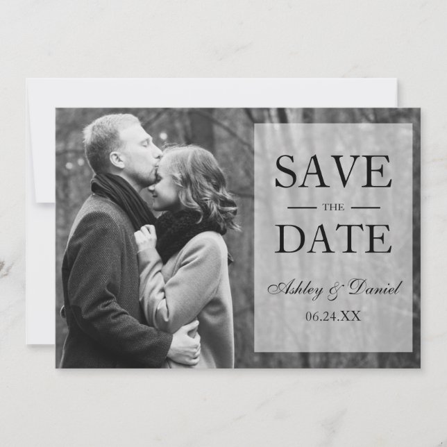 Elegant Save The Date Overlay Black & White Photo (Front)