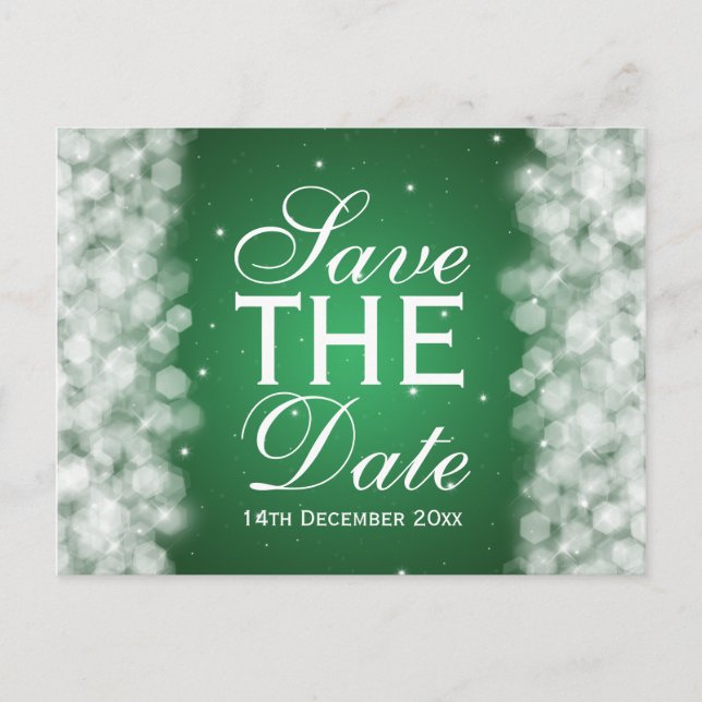 Elegant Save The Date Party Sparkle Emerald Green Announcement Postcard (Front)