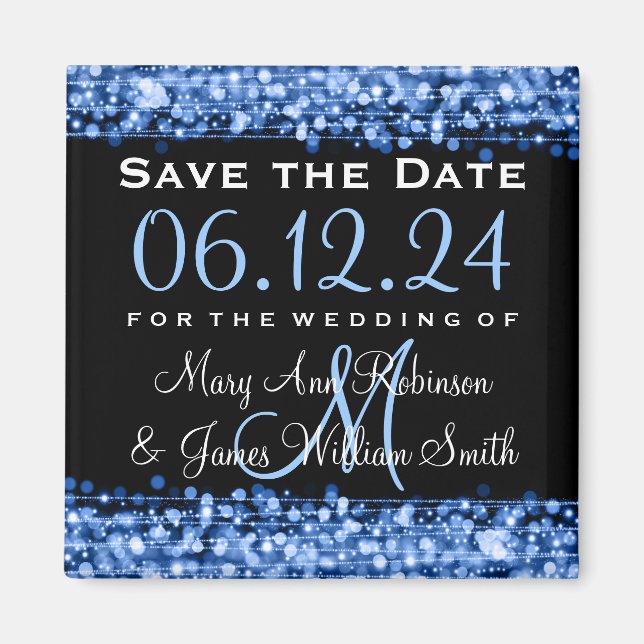 Elegant Save The Date Party Sparkles Blue Magnet (Front)