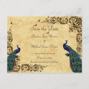 Elegant, Save the Date, Peacocks, Custom Announcement Postcard