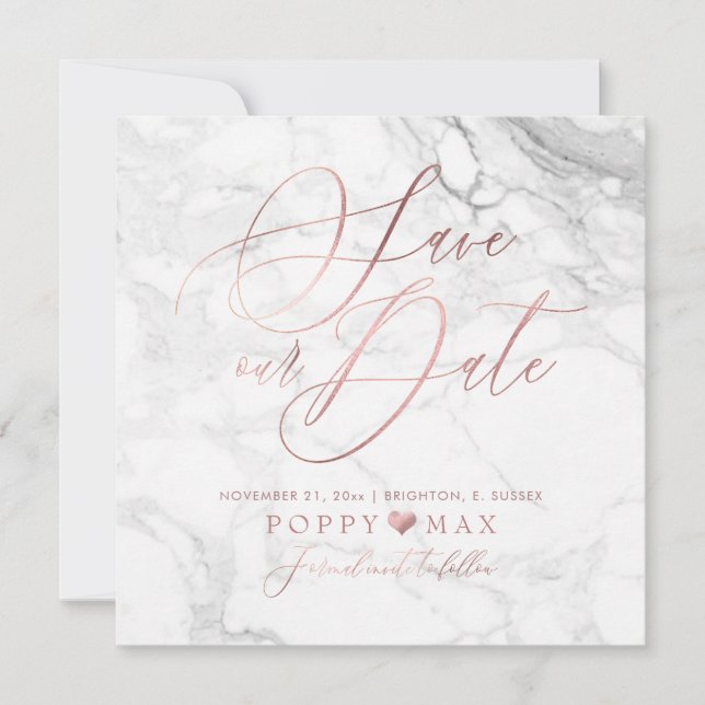 Elegant Save the Date Rose Gold Calligraphy Marble (Front)