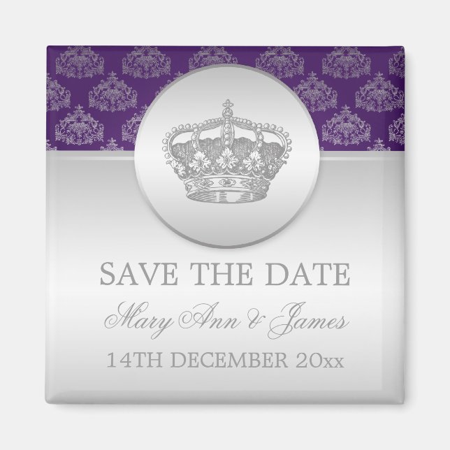 Elegant Save The Date Royal Crown Purple Magnet (Front)