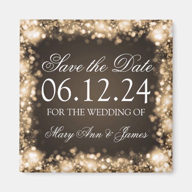 Elegant Save The Date Sparkling Lights Gold Magnet (Front)