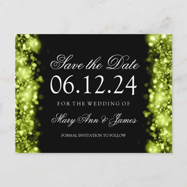 Elegant Save The Date Sparkling Lights Lime Black Announcement Postcard (Front)