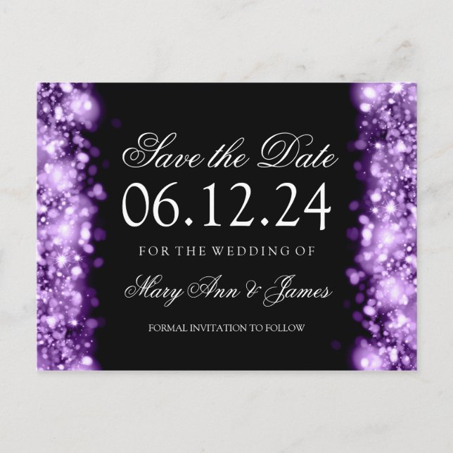 Elegant Save The Date Sparkling Lights Purple Announcement Postcard (Front)