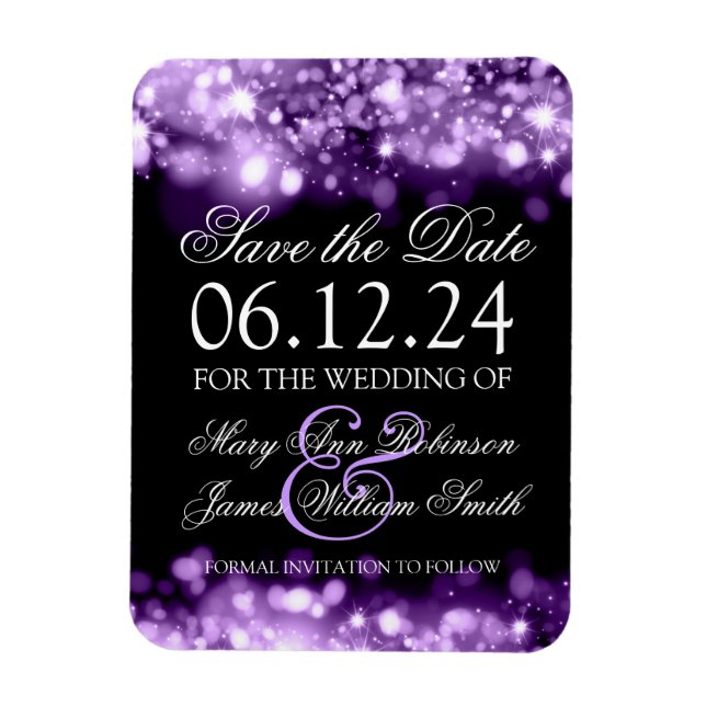 Elegant Save The Date Sparkling Lights Purple Magnet (Vertical)