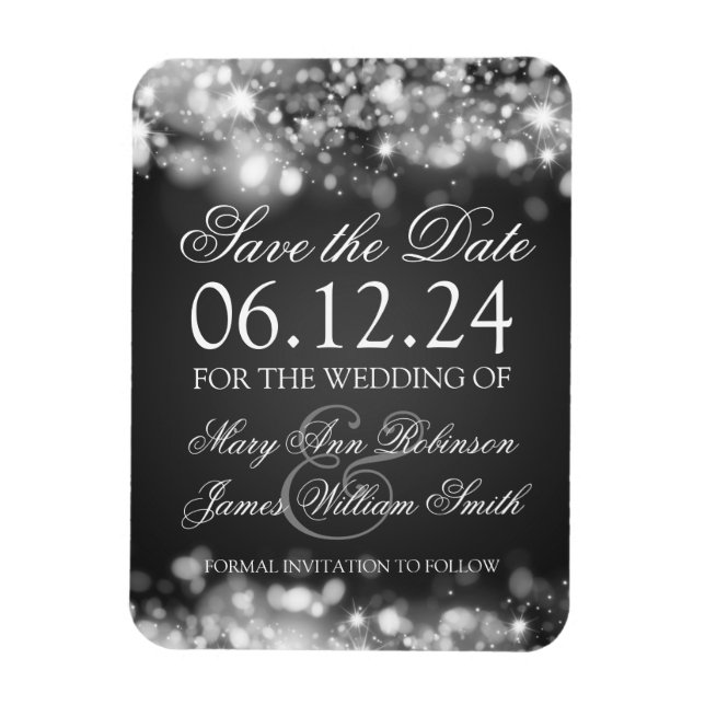 Elegant Save The Date Sparkling Lights Silver Magnet (Vertical)