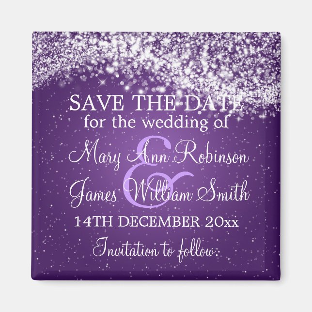 Elegant Save The Date Sparkling Wave Purple Magnet (Front)