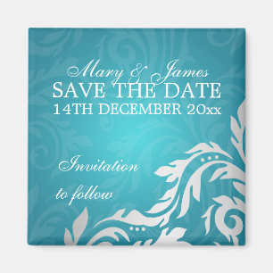 Elegant Save The Date Swirly Flourish Aqua Blue Magnet