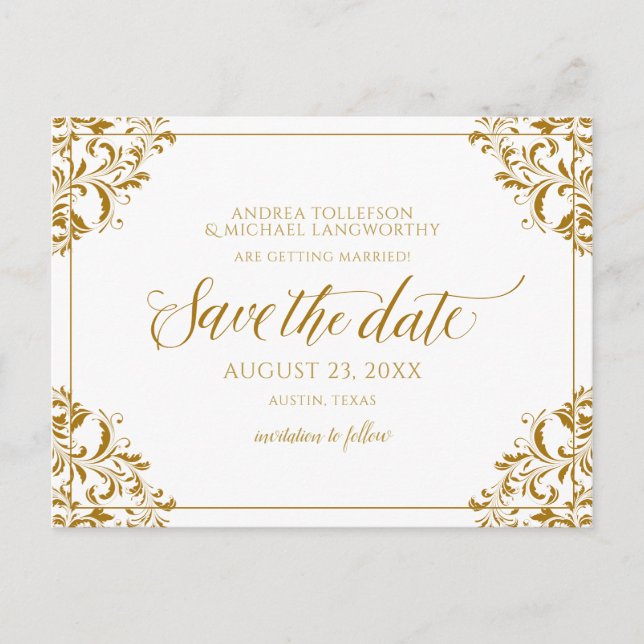 Elegant Save the Date Vintage Gold Announcement Postcard (Front)