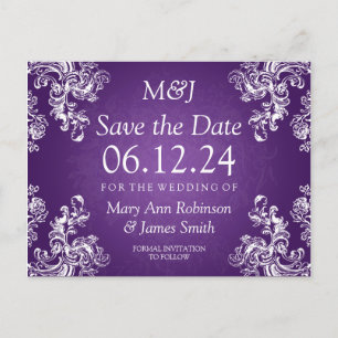 Elegant Save The Date Vintage Swirls 2 Purple Announcement Postcard