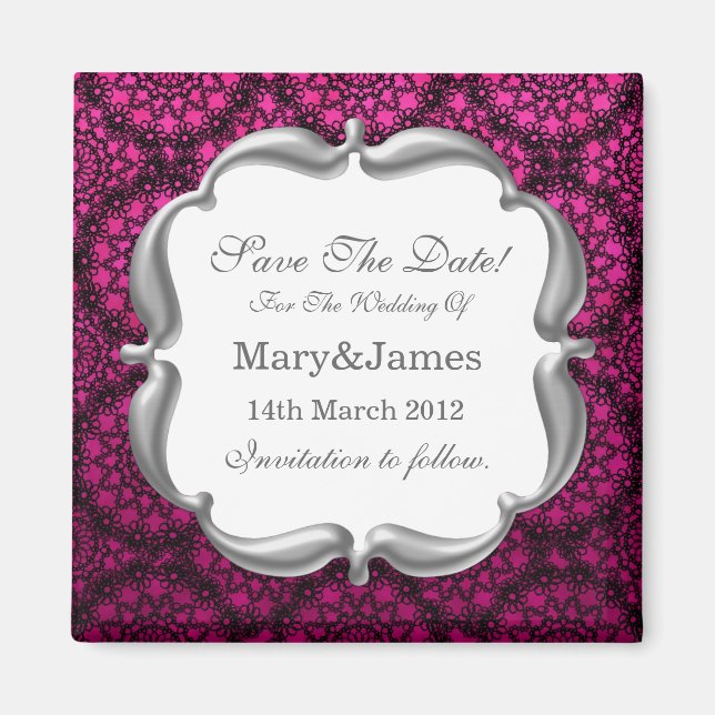 Elegant Save The Date Wedding Mod Lace Pink Magnet (Front)