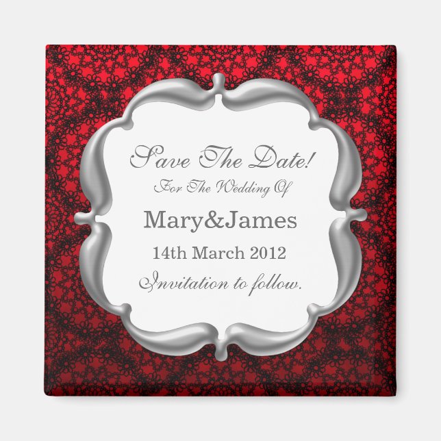 Elegant Save The Date Wedding Mod Lace Red Magnet (Front)
