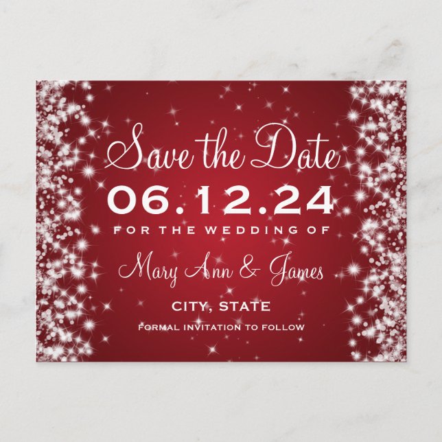Elegant Save The Date Winter Sparkle Red Announcement Postcard (Front)