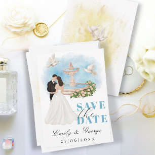 Elegant Save the Date with Bride & Groom Fountain Invitation