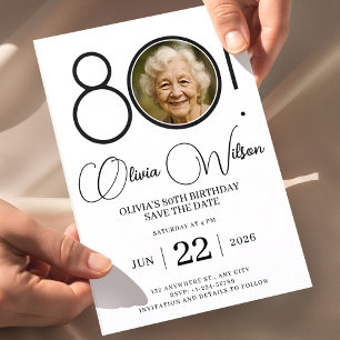 Elegant Save The Date with Photo 80th Birthday Invitation