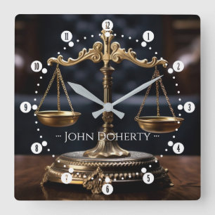 Elegant Scales of Justice   Lawyers Name Square Wall Clock