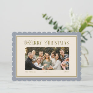Elegant Scalloped Blue Vintage Christmas Photo  Card